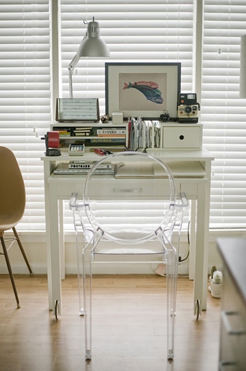 małe białe biurko w aranżacji domowego gabinetu