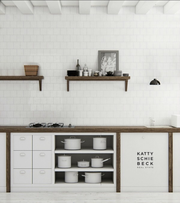 aranżacja białej kuchni,drewniane blaty w kuchni,drewniane półki w białej kuchni,białe płytki w kuchni,proste szafki w kuchni,modern rustic styl,rustykalna kuchnia