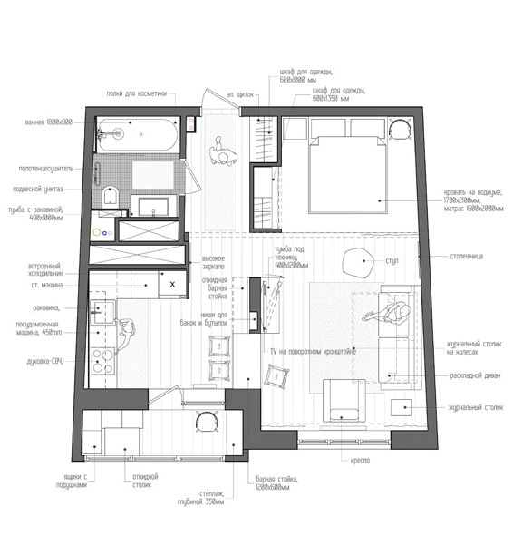 plan małego mieszkania,rzut z góry na małe mieszkanie 45m2,plan małego mieszkania o powierzchni 45 m2,świetny projekt mieszkania 45 m2