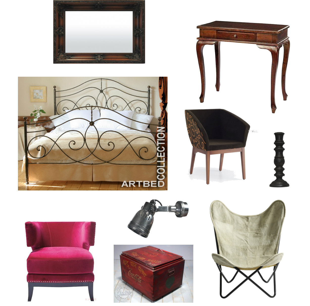 aranżacja sypialni,eklektyczna sypialnia,produkty do sypialni w lofcie,styowe lustro,stylowa konsolka,kute łóżko,brązowo-czarny fotelik,czarny świecznik,różowy fotel,industrialny kinkiet,czerwony kufer,czerwona skrzynia,nowoczesny fotel,fotel motyl