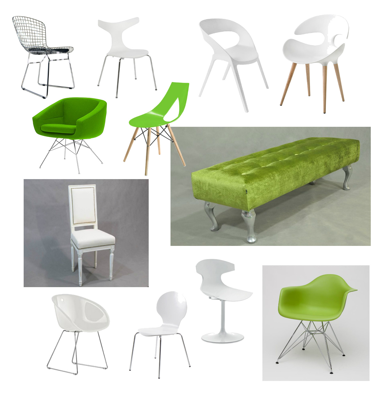 biale krzesła, zielone krzesła,zielona ławka,zielony fotel,druciane krzesła