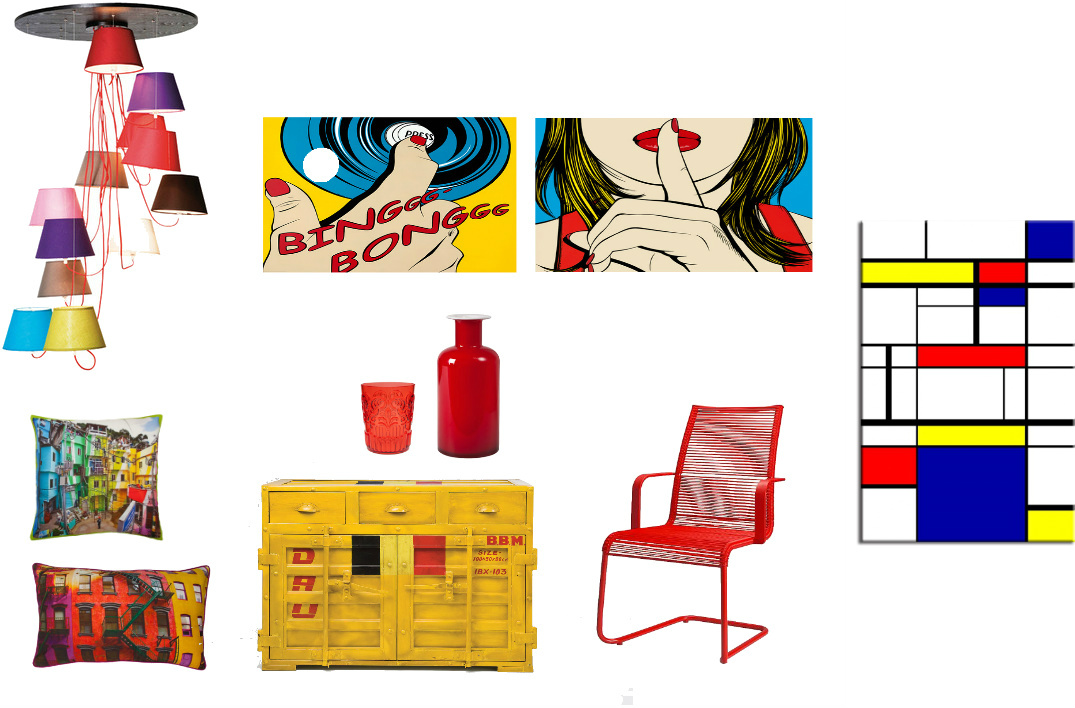 op-art we wnętrzach,op art deoracje,czerwone deoracje,kolorowe dodatki do wnętrz, plakaty lata 60-te,żółta komoda,kolorowe abażury,kolorowa lampa,
