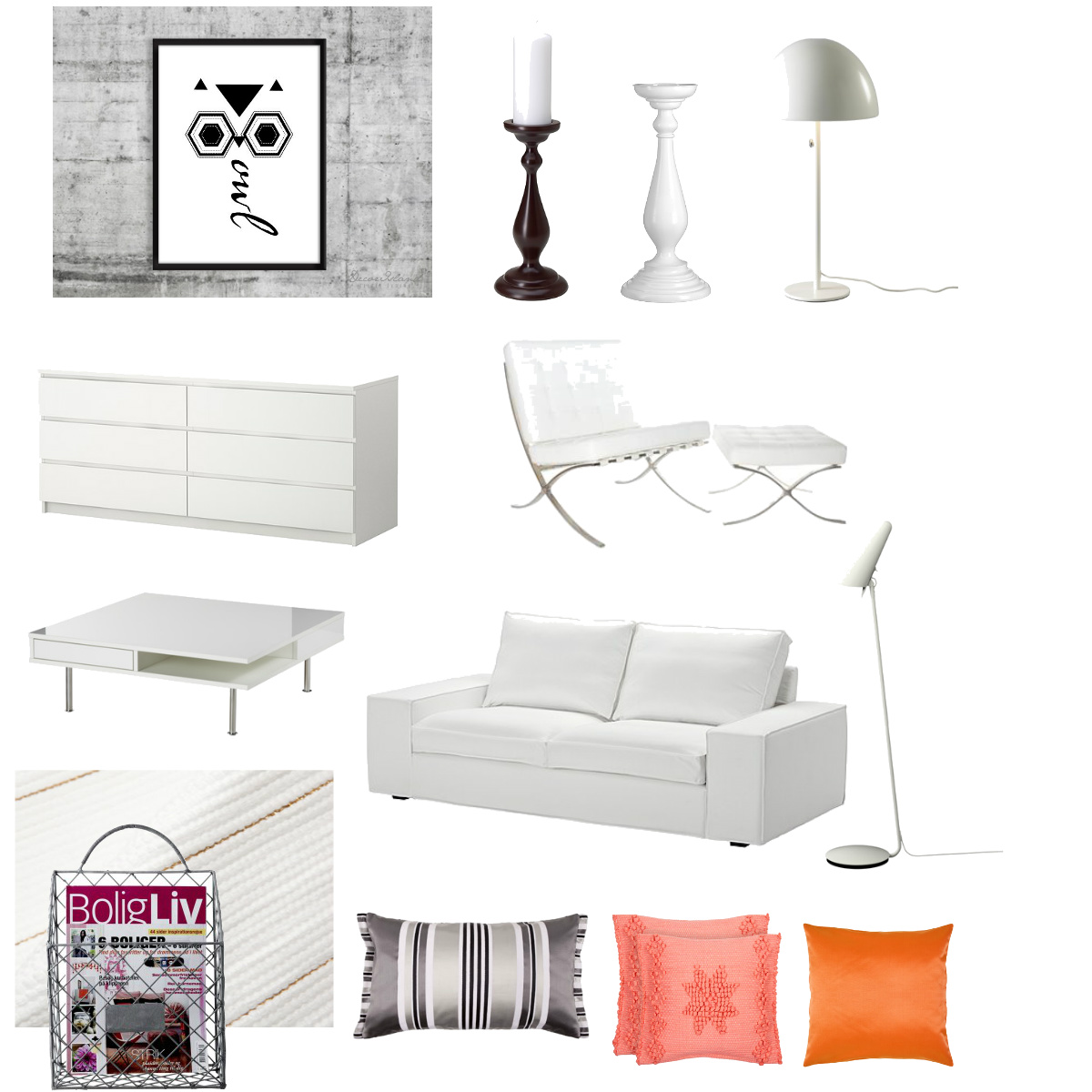 biały salon skandynawski,białe wnętrza,nowoczesny biały fotel,druciany gazetnik,biala lakierowana komoda,postery,kwadratowy stolik kawowy,różowa poduszka,pomarańczowa poduszka,biało-czarna poduszka