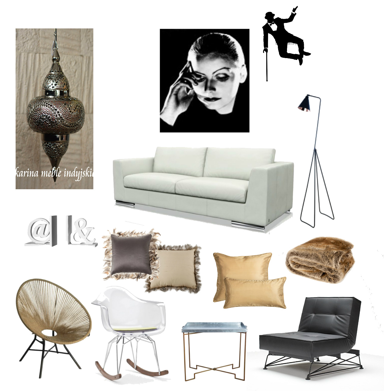 marokańska lampa,marokański lampion,fotografia Greta Garbo,naklejka czarno-białą,nowoczesna sofa,czarna lampa podłogowa,nowoczesna lampa stojąca,podpórki na książki,poduszki z piórkami,futrzany pled,brązowy koc,nowoczesne fotele,krzesło na płozach,pleciony fotel,skandynawskie meble,czarny fotel,nowoczesny fotel,stolik kawowy z tacą