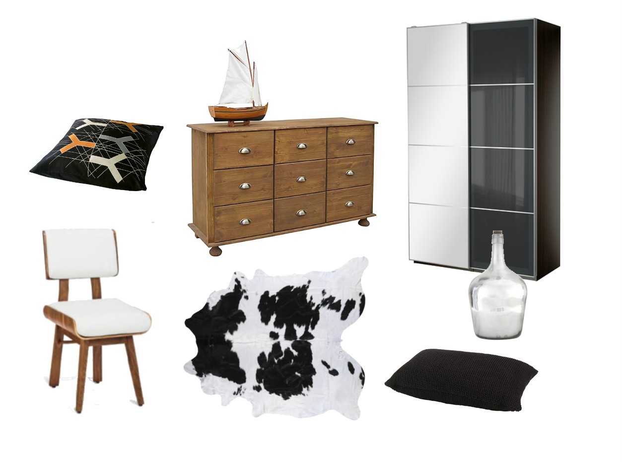 salon sypialnia dodatki,drewniana klasyczna komoda,drewniane krzesło z białą tapicerką,biało-czarna szafa,biało-czarny dywan,skóra bydlęca,sklana butla,odobne poduszko,czarne poduszki