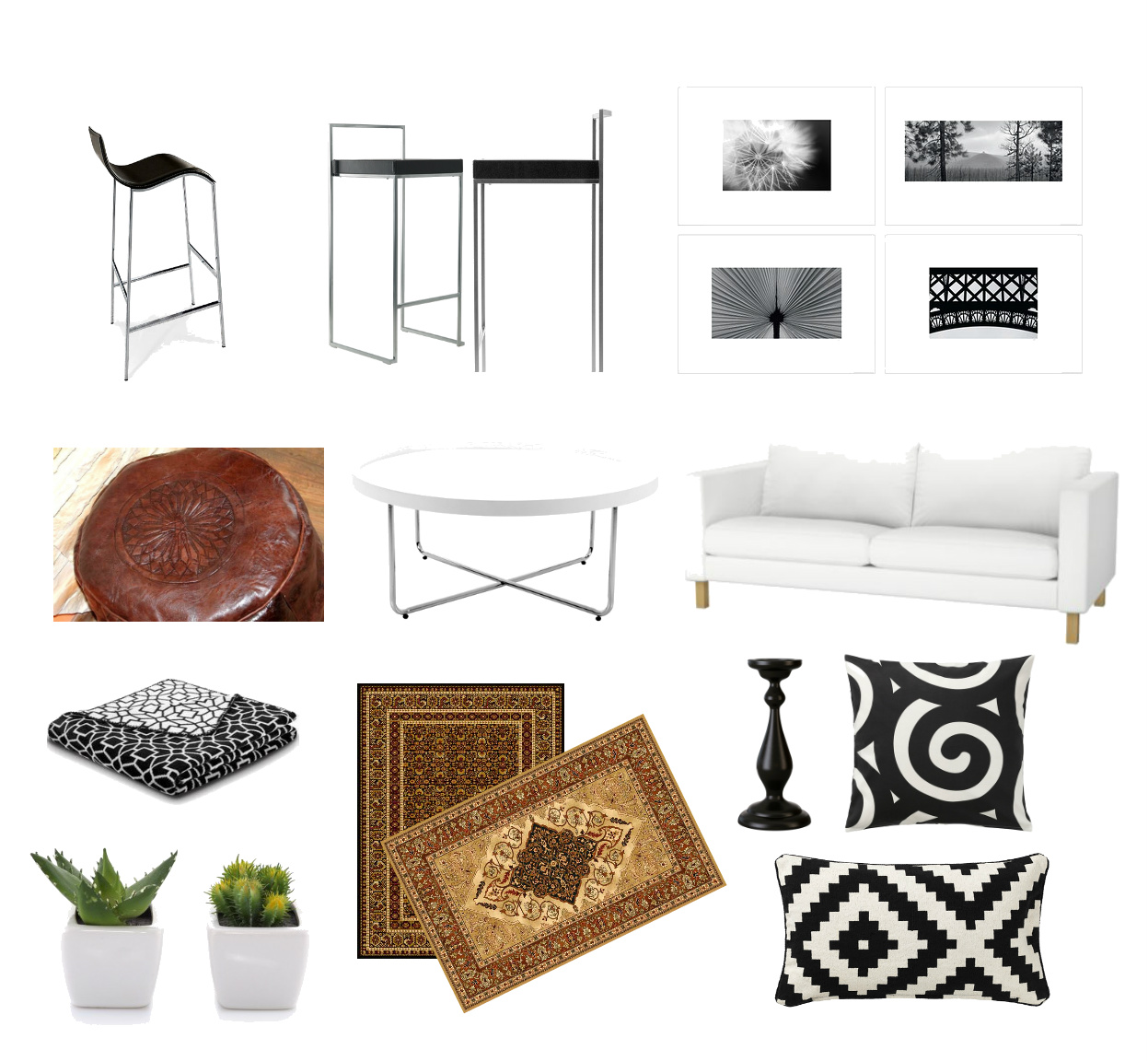 dizajnerskie hokery,czarne hokery,skórzana pufa,orientalna pufa,brązowa pufa,wełniane dywany,orientalne dywany,klasyczne dywany,nowoczesna biała sofa,sofa w tkaninie,okrągły stolik kawowy,nowoczesny stolik kawowy,czarno-białe dekoracje,czarno-białe poduszki,czarno-białe koce i pledy,czarno-białe grafiki,nowoczesne grafiki,czarny świecznik,kaktusy,białe doniczki,skandynawskie dekoracje
