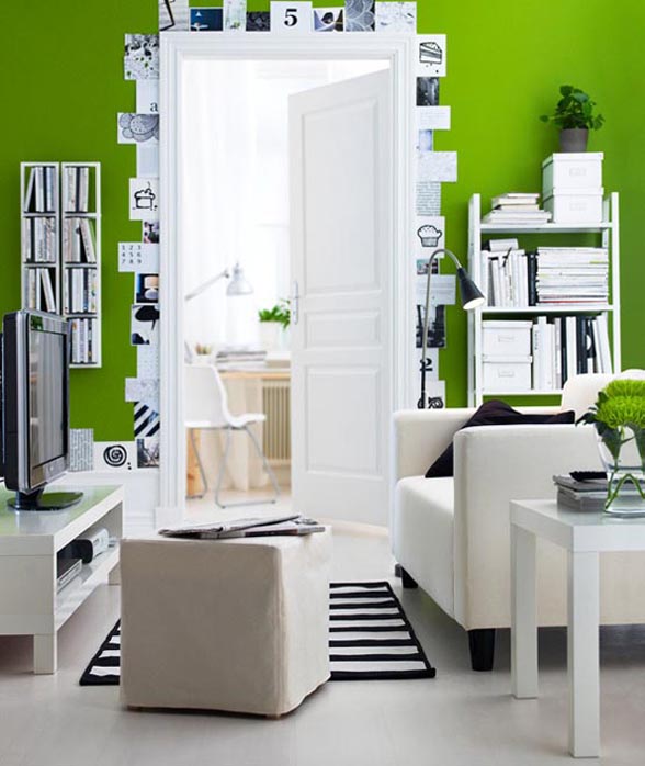biało-zielone wnętrze,zielone sciany,białe meble,skandynawski styl