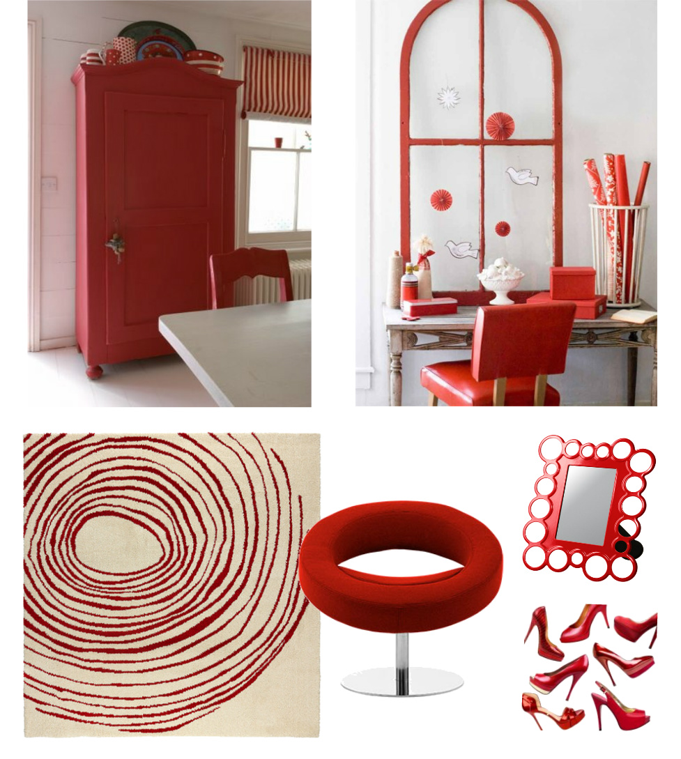 czerwone meble,czerwone lustro okno,czerwone krzesła,czerwone lusterko,białoczerwony dywan,czerwone szpilki,plakat w czerwieni