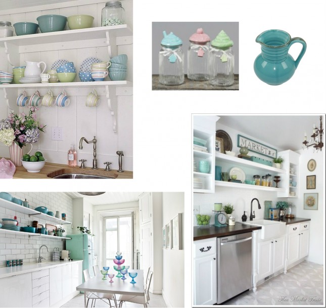 turkusowe i rózowe dodatki do kuchni,dekoracje w pastelowych kolorach w kuchni,różowo-turkusowe dekoracje w kuchni,porcelana w różowo-turkusowych kolorach,akcesoria kuchenne w rózowo-turkusowych kolorach,słoiki z turkusowymi pokrywkami,turkusowy kolor w skandynawskich kuchniach,biało-turkusowe kuchnie