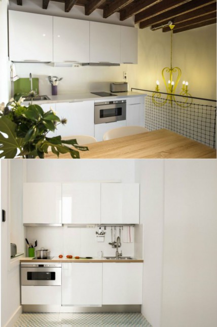 biała kuchnia w stylu nowoczesnym,kuchnia w lofcie,żółty żyrandol w kuchni,nowoczesna biała kuchnia