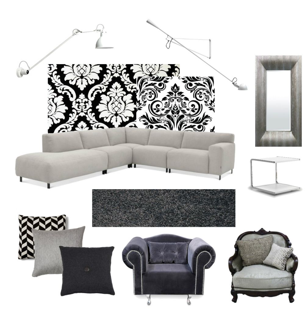 biało-czarna tapeta ścienna z ornamentem,tapety ścienne w stylu glamour,czarno-biały ornament na tapetach ściennych w salonie,szara nowoczesna sofa narożnik,czarna wykładzina podłogowa,szare lustro stojące,srebrne lustro prostokatne stojace,biały stolik pomocniczy,graficzne poszewki ozdobne,biało-czarne poduszki w zygzaki,szara poduszka,czarna poduszka z guzikiem,stylowy fotel z czarną tapicerką,czarny fotel z szarą tapicerką,francuski fotel,biały kinkiet z wysięgnikiem,kinkiet biały na długim ramieniu,nowoczesne białe kinkiety na przegubach,ścienne biały lampy nowoczesnemały stolik kawowy z metalu,kwadratowy stolik pomocniczy,drobne meble do salonu,biało-czarne meble i dekoracje do salonu