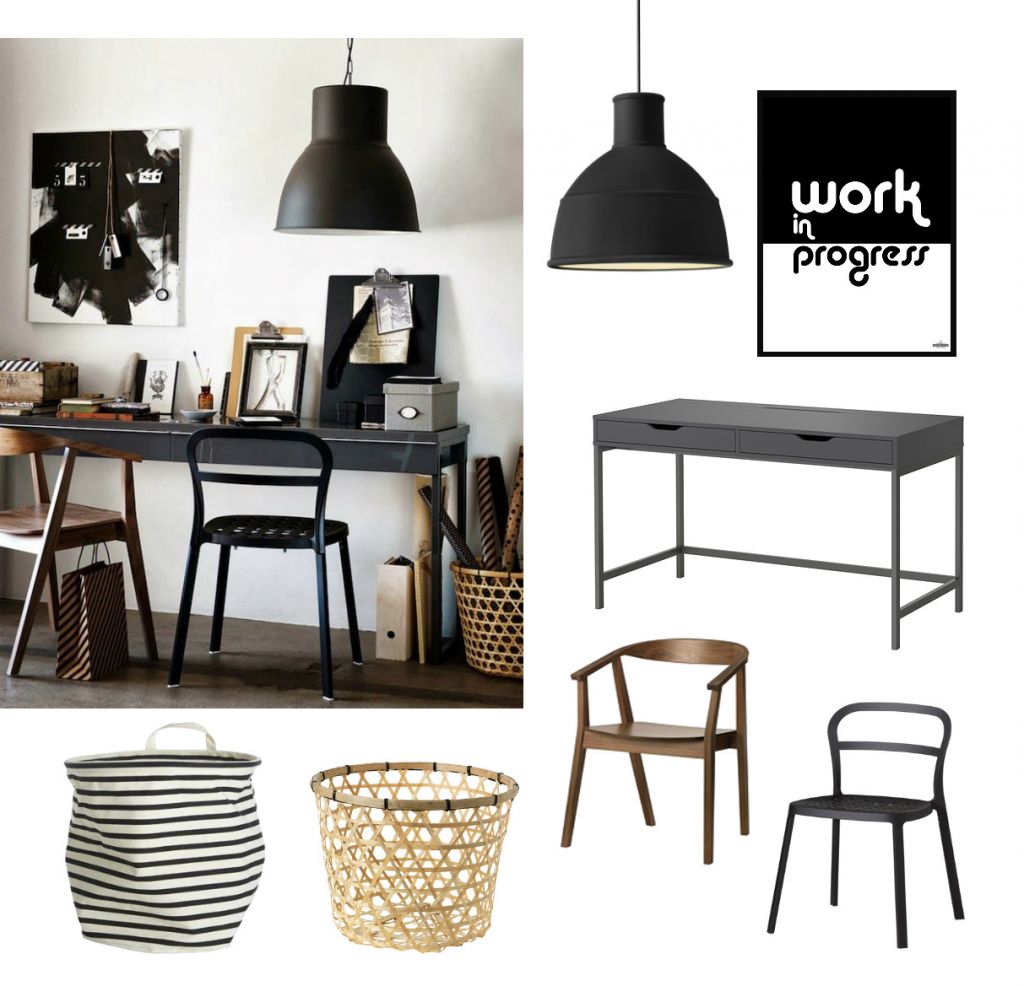 domowe biuro w czarnych kolorach,aranżacja domowego biura w stylu industrialnym,kącik biurowy w czarnych kolorach,czarne biurko z szufladami,czarne metalowe krzesło biurkowe,drewniane giete krzesło przy biurku,czarne lampy pendant w aranzacji domowego biura,ażurowy kosz bambusowy,worek w czarno-białe poski,typografie czarno-bialoe,plakaty czarno-białe z napisami,hasła na skandynawskich plakatach,jak urzadzić męski kacik biurowy,kącik biurowy,aranżacja domowego biura,biurko w domu,domowe biuro,jak urzadzić domowe biuro,skandynawski styl w aranzacji domowego biura,pomysł na biurowy kacik w domu,ekologiczna aranzacja domowego biura,naturalne drewno w aranzacji domowego biura,skandynawskie biurko