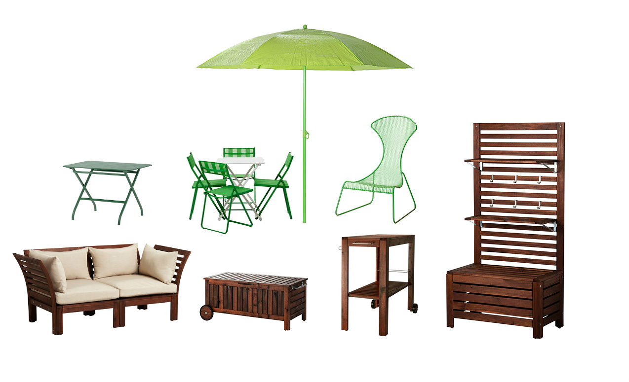 wiosna w ikea,ikea drewno - zielen,zielone meble do ogrodu,zielone metalowe meble,brązowe meble na taras,drewniane meble ogrodowe,zielony parasol,aurowe zielone krzesła,drewniana sofa na taras,tapicerka na ławki