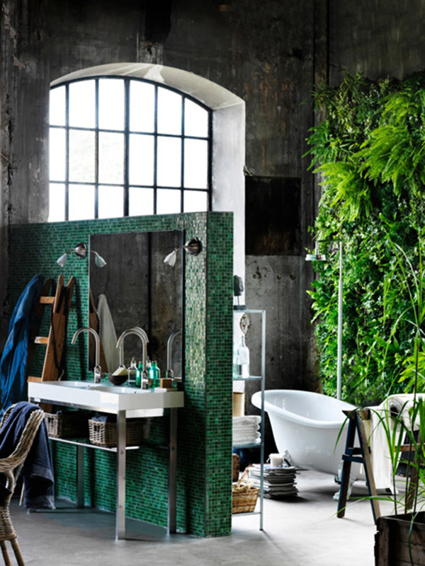 łazienka w industrialnym stylu,aranżacja industrialnej łazienki,zielona glazura w łazience,łazienka w lofcie,oryginalna łazienka w lofcie,industrialny styl,szare betonowe ściany