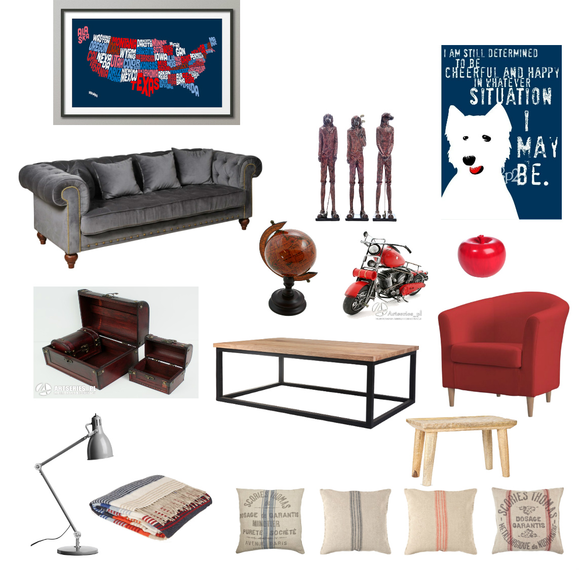 granatowe,czerwone grafiki,obrazy,figurki psów,stylowa,szara,aksamitna,pikowana  sofa,grewniany globus,stylowy globus,drewniane,brązowe,stylowe,kolonialne kuferki,industrialna ława,industrialny stół,czerwony,tapicerowany w tkaninie fotel,szara,nowoczesna lampka biurkowa,stołowa,industrialne poduszki,poszewki,drukowane tkaniny,granatow-biao-czerwony pled,pled w paskidrewniany taboret,figurka motocykl,czerwone jabłko