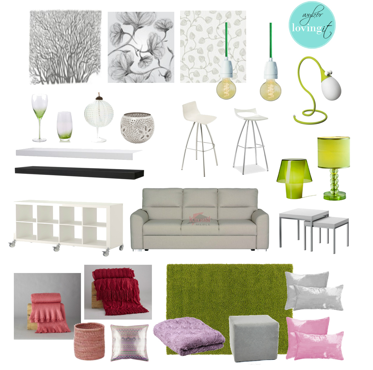 biało-różowo-szare wnętrze,nowoczesny styl małego mieszkania,szaro-białe fototapety,folie na szkło,żarówki na zielonym kablu,zielone lampy,szara sofa,białe półki,czarna półka,fioletowe poduszki,rózowe detale,limonkowe kolory we wnetrzach,bordowy pled,metalowe stoliki,kwadratowe stoliki kawowe,stolik biały na metalowych nóżkach,różowe dekoracje,zielone dekoracje,regał na kółkach,meble na kółkach,jak tanio urządzić mieszkanie,hokery,biało-zielone szkło,stołki barowe do kuchni
