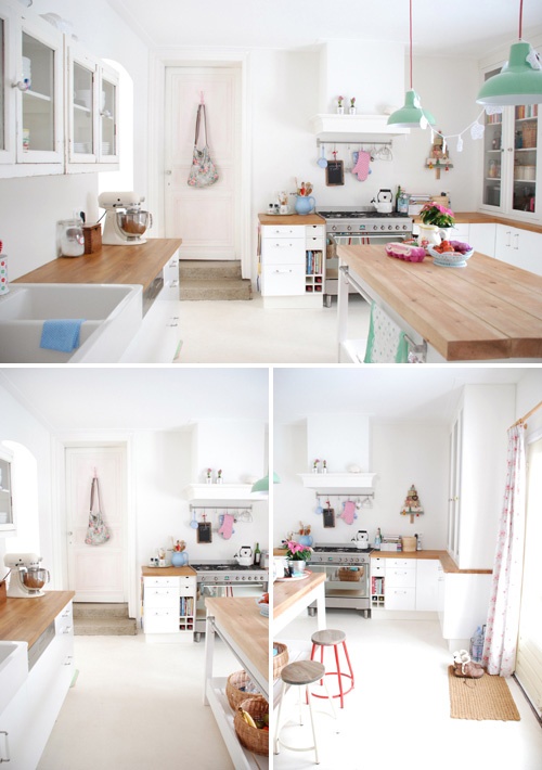 drewniane blaty w pastelowej kuchni