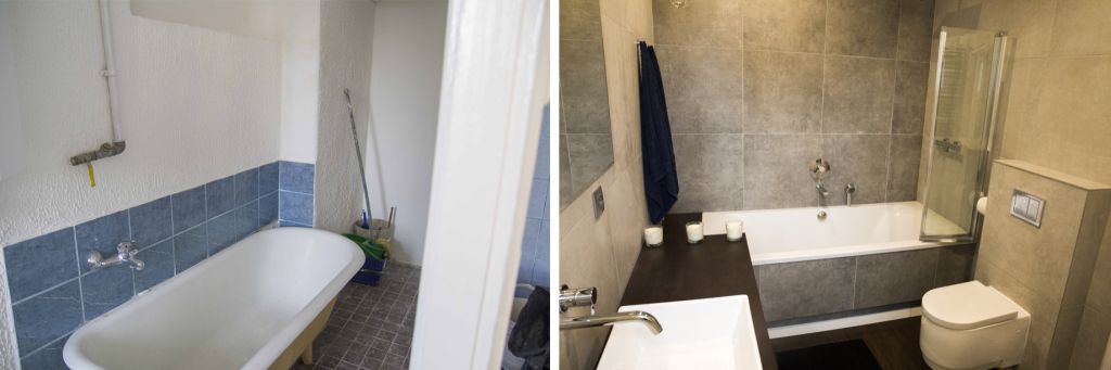 before & after wąskiej łazienki