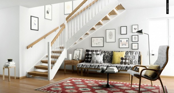 drewniane schody z białą obudową i i białymi tralkami,białe schody z drewnianymi stopnicami i drewnianą poręczą,ażurowe biało-drewniane schody w aranzacji wnętrz,schody wewnętrzne białe z drewnianymi stopniami