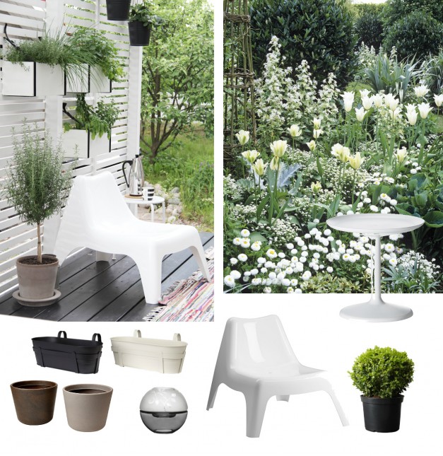 mały taras,biały taras,biały ogród,mały ogródek,białe meble ogrodowe,szare doniczki,wazony