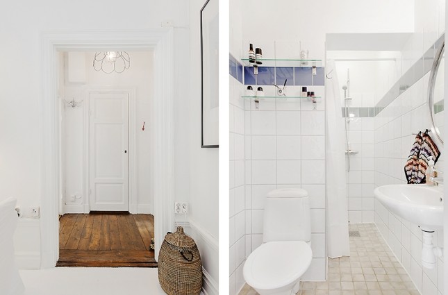 biała łazienka,drewniana podłoga w korytarzu,skandynawskie mieszkanie